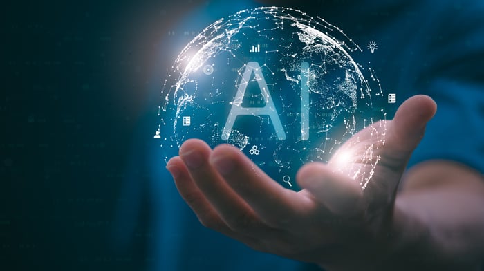 The person showing AI technology that connects information on how to improve business marketing and much more