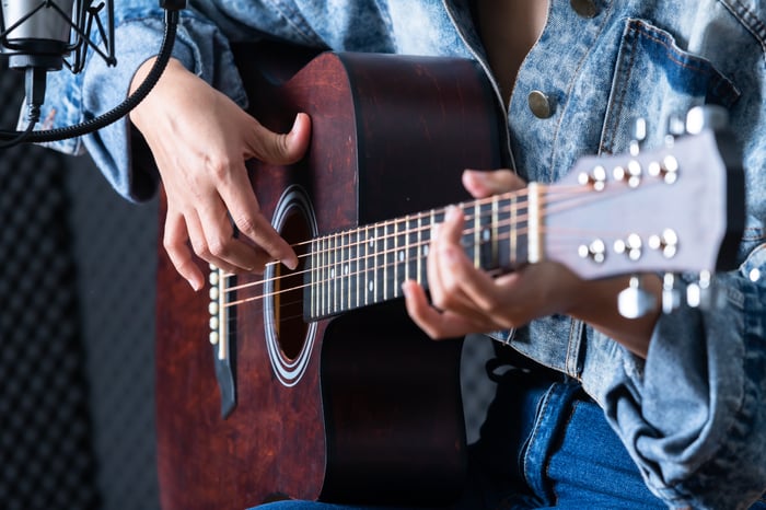 woman's hands strumming acoustic guitar for country music radio
